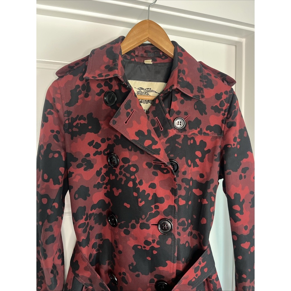 Burberry London Peacoat Double Breasted Cotton Red Black Camouflage 10 Luxury - Picture 5 of 16